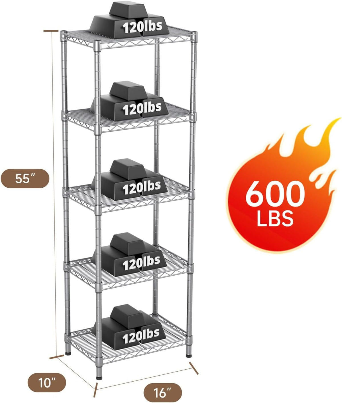 5Tier Adjustable Storage Shelves Metal Wire Shelving Standing Shelf