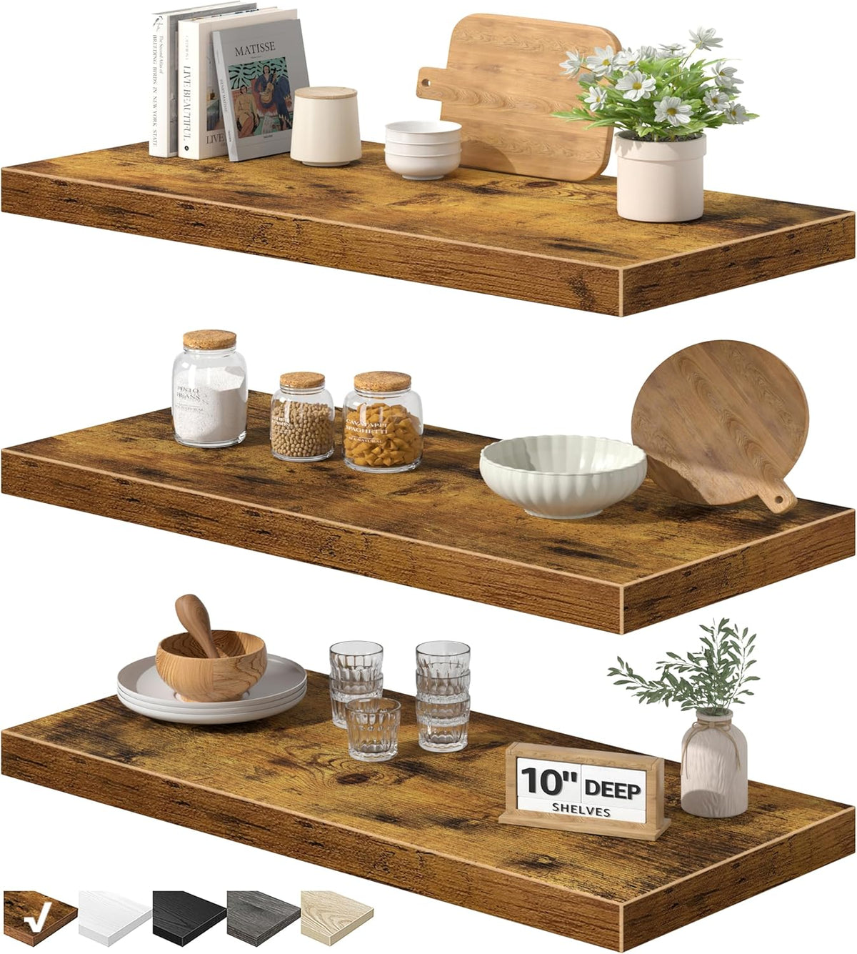 Floating Shelves for Wall Small Shelf (Brown, Set of 3, 15.7" x 6.7")