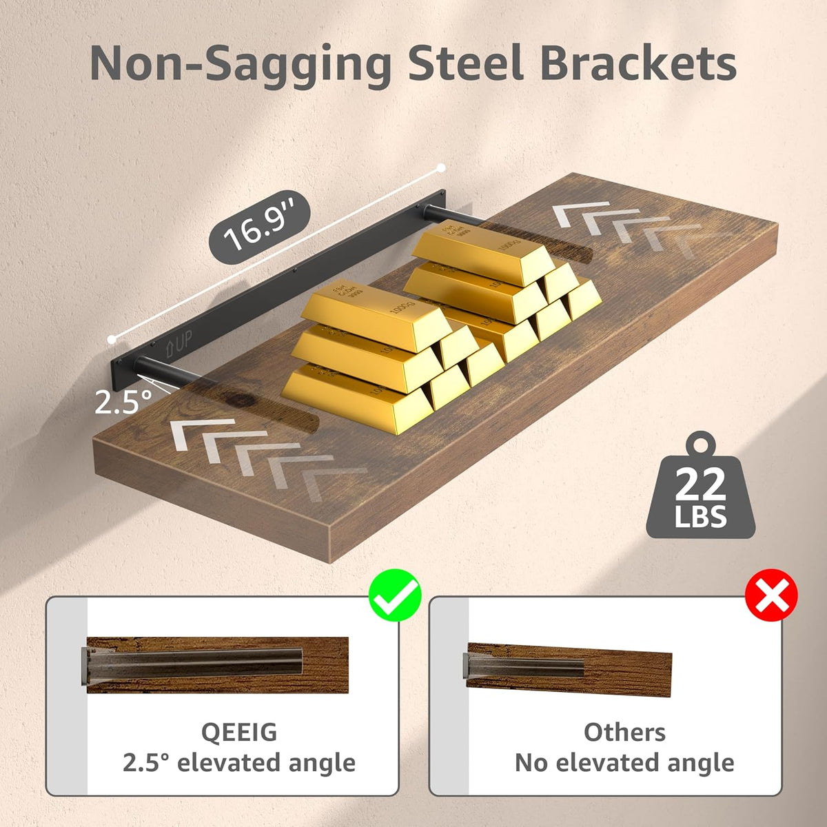 Floating Shelves for Wall Small Shelf (Brown, Set of 3, 15.7" x 6.7")