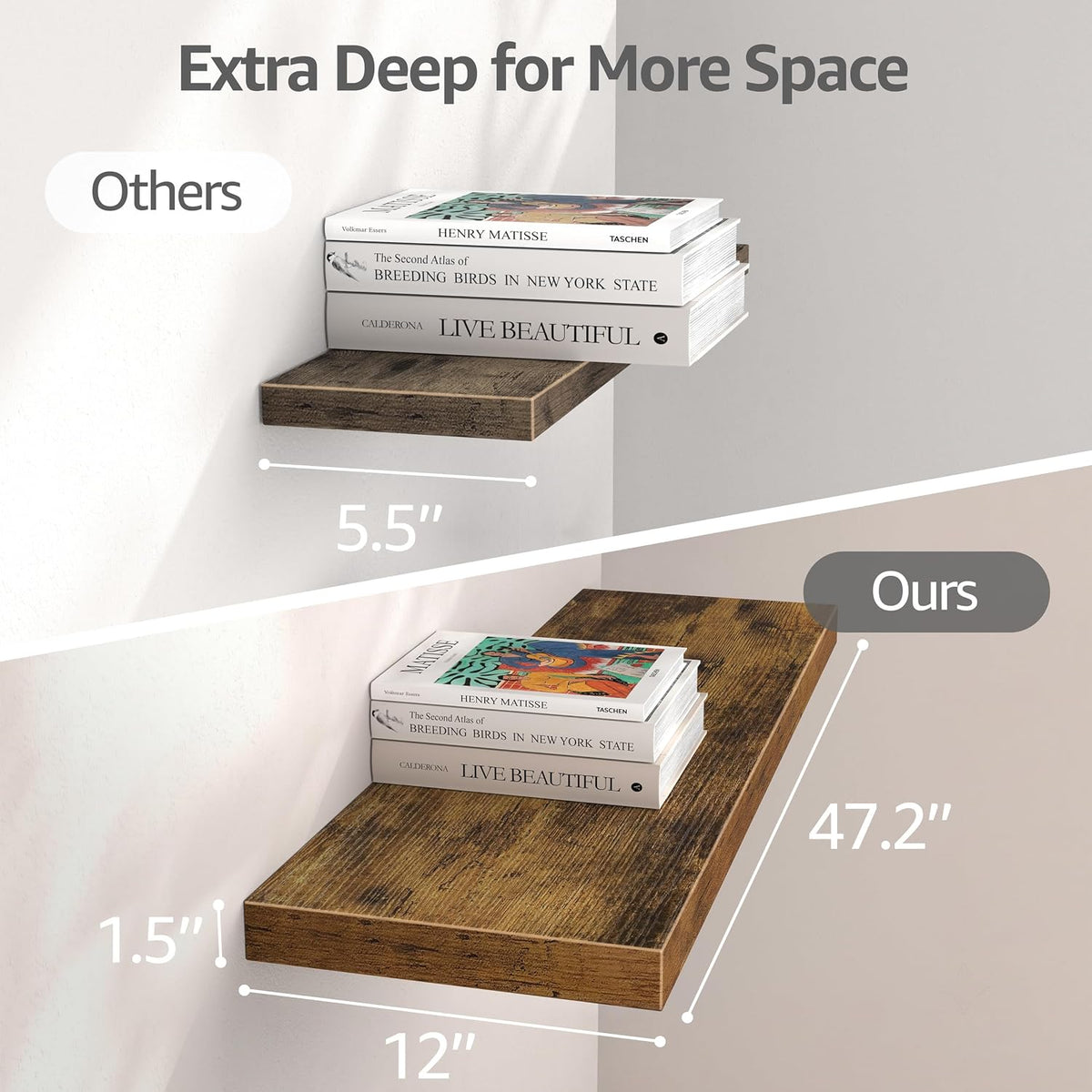 Floating Shelves for Wall Small Shelf (Brown, Set of 3, 15.7" x 6.7")