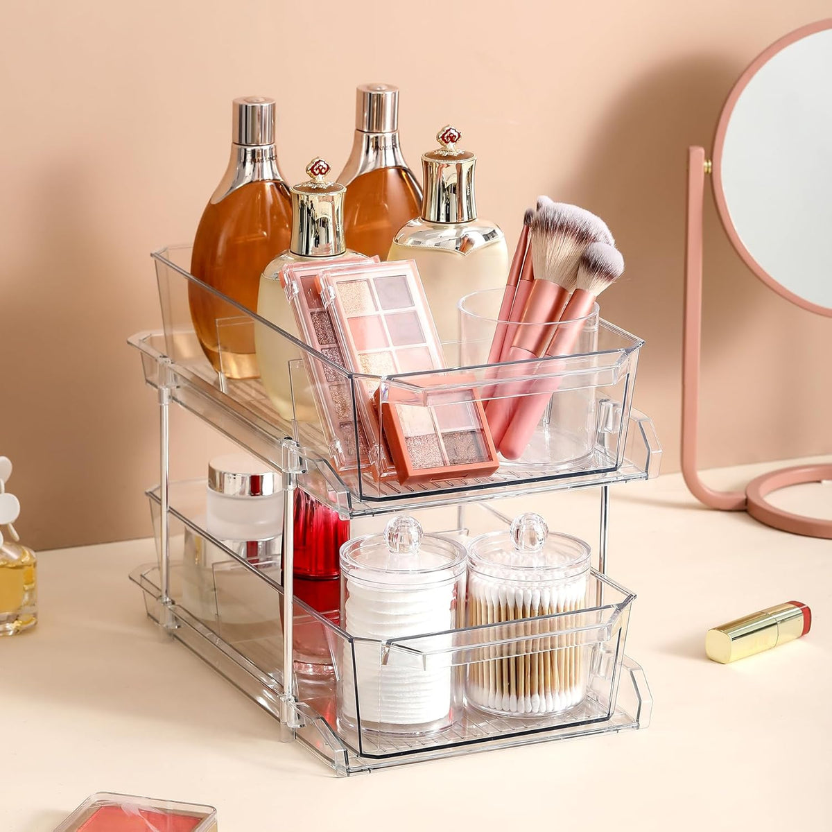 2 Tier Clear Organizer with Dividers for Cabinet, Shlef, Counter - MultiUse Slide-Out Storage Container - Kitchen, Pantry, Medicine Cupboard Bins, Bathroom, Vanity Makeup, Under Sink Organizing
