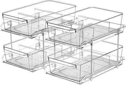 2 Tier Clear Organizer with Dividers for Cabinet, Shlef, Counter - MultiUse Slide-Out Storage Container - Kitchen, Pantry, Medicine Cupboard Bins, Bathroom, Vanity Makeup, Under Sink Organizing