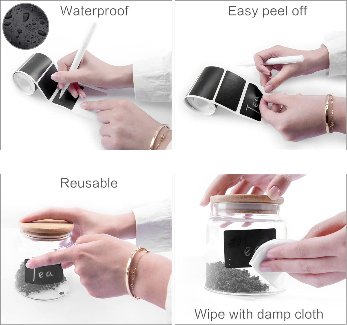MUWOOB Chalkboard Labels, 120pcs Black Reusable Waterproof Stickers with 2 Erasable White Chalk Markers for Kitchen Pantry, Containers, Mason Jars, Condiments, Food Storage (Rectangle)