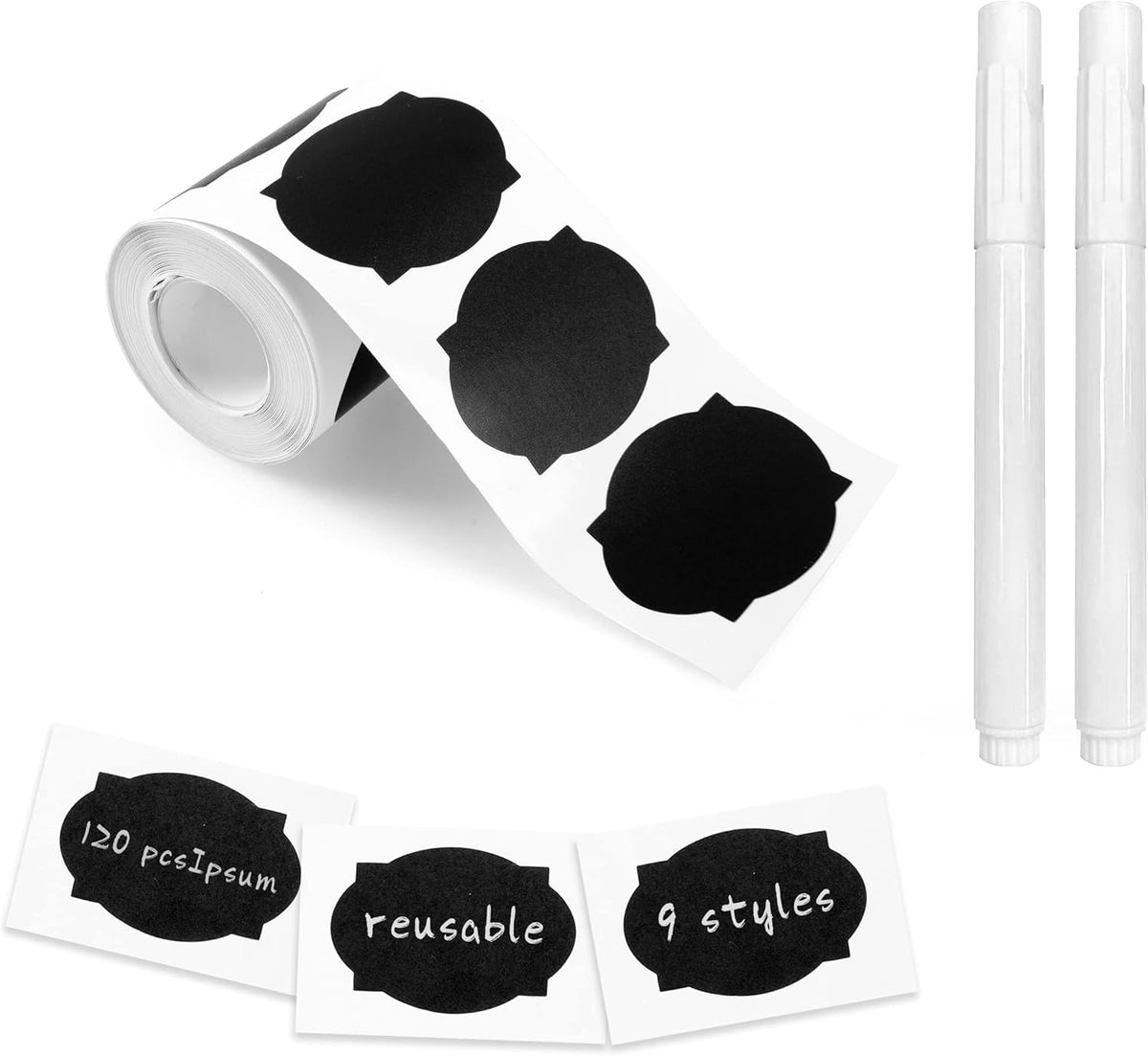 MUWOOB Chalkboard Labels, 120pcs Black Reusable Waterproof Stickers with 2 Erasable White Chalk Markers for Kitchen Pantry, Containers, Mason Jars, Condiments, Food Storage (Rectangle)