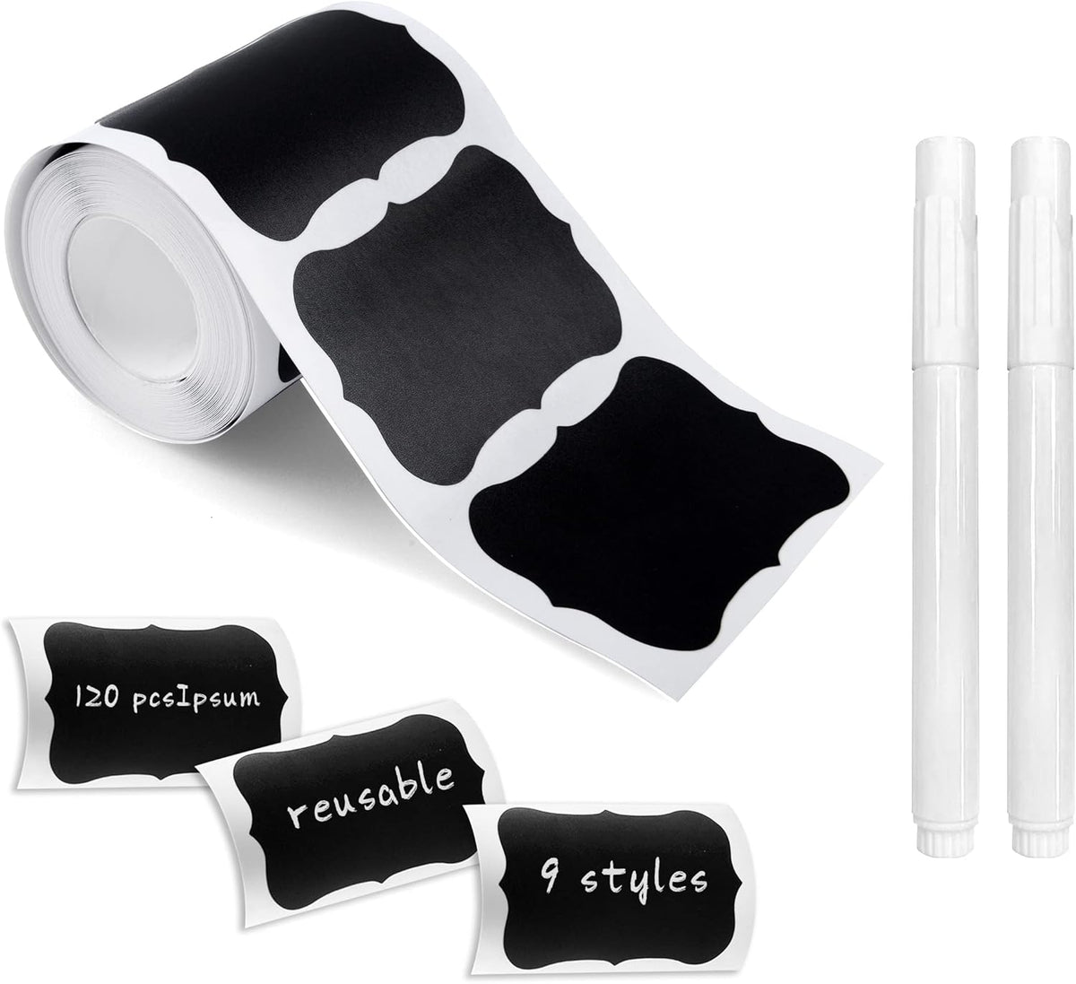 MUWOOB Chalkboard Labels, 120pcs Black Reusable Waterproof Stickers with 2 Erasable White Chalk Markers for Kitchen Pantry, Containers, Mason Jars, Condiments, Food Storage (Rectangle)