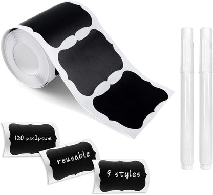 MUWOOB Chalkboard Labels, 120pcs Black Reusable Waterproof Stickers with 2 Erasable White Chalk Markers for Kitchen Pantry, Containers, Mason Jars, Condiments, Food Storage (Rectangle)