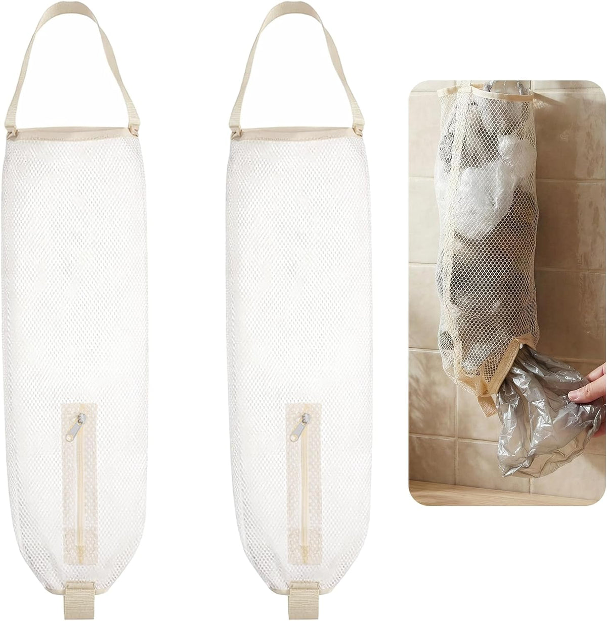 2 Pack Mesh Grocery Bag Holder, Hanging Grocery Bag Holder for Plastic Bags, Reusable White Shopping Plastic Bags Dispenser, For Kitchen Disposable Shopping Saver