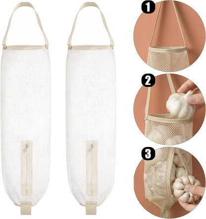 2 Pack Mesh Grocery Bag Holder, Hanging Grocery Bag Holder for Plastic Bags, Reusable White Shopping Plastic Bags Dispenser, For Kitchen Disposable Shopping Saver