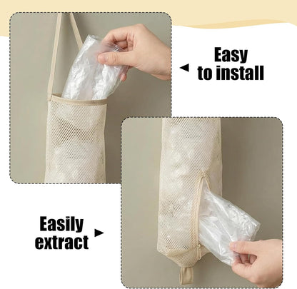 2 Pack Mesh Grocery Bag Holder, Hanging Grocery Bag Holder for Plastic Bags, Reusable White Shopping Plastic Bags Dispenser, For Kitchen Disposable Shopping Saver