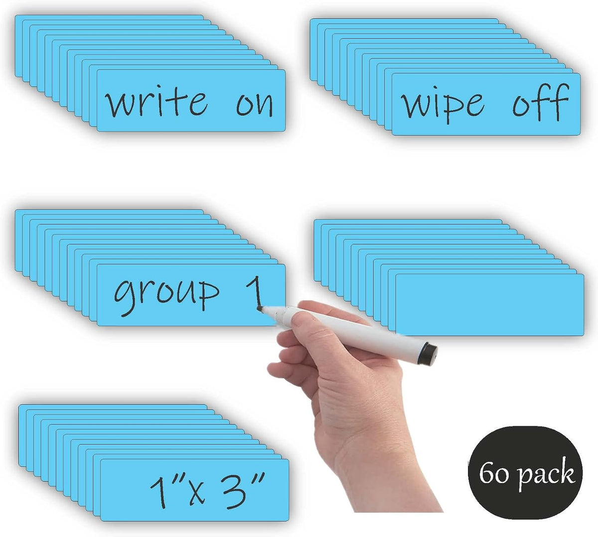 STTMGN Dry Erase Magnetic Labels (1x3,Pack of 60),Write On Magnets Sticker,Real Waterproof/Reusable for Classroom&Office&Cabinet&whiteboard&Fridge&More (Multicolor)