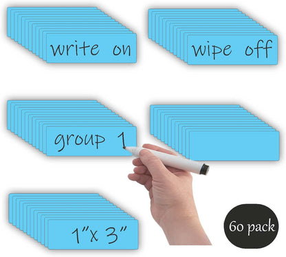 STTMGN Dry Erase Magnetic Labels (1x3,Pack of 60),Write On Magnets Sticker,Real Waterproof/Reusable for Classroom&Office&Cabinet&whiteboard&Fridge&More (Multicolor)