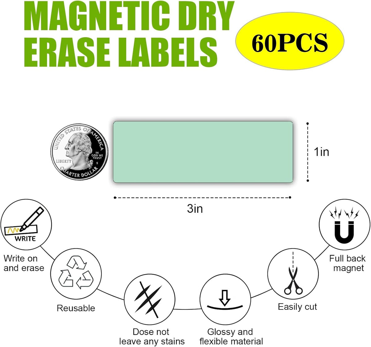 STTMGN Dry Erase Magnetic Labels (1x3,Pack of 60),Write On Magnets Sticker,Real Waterproof/Reusable for Classroom&Office&Cabinet&whiteboard&Fridge&More (Multicolor)
