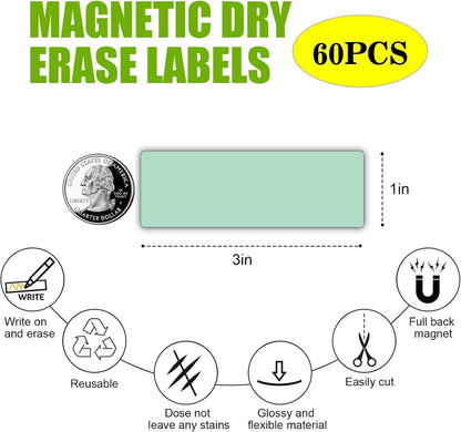 STTMGN Dry Erase Magnetic Labels (1x3,Pack of 60),Write On Magnets Sticker,Real Waterproof/Reusable for Classroom&Office&Cabinet&whiteboard&Fridge&More (Multicolor)