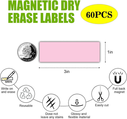 STTMGN Dry Erase Magnetic Labels (1x3,Pack of 60),Write On Magnets Sticker,Real Waterproof/Reusable for Classroom&Office&Cabinet&whiteboard&Fridge&More (Multicolor)