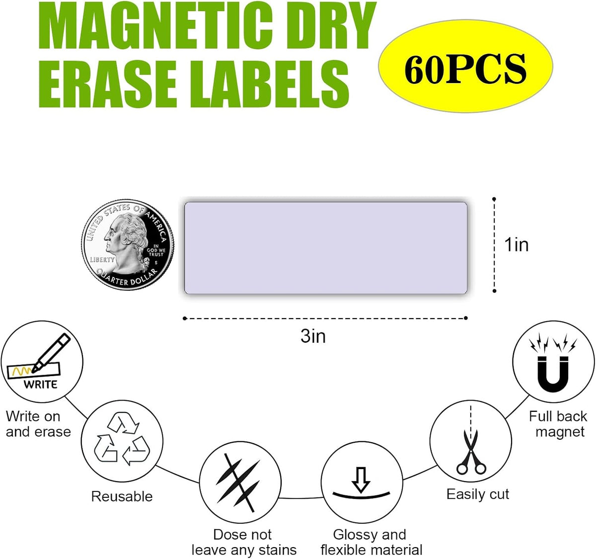 STTMGN Dry Erase Magnetic Labels (1x3,Pack of 60),Write On Magnets Sticker,Real Waterproof/Reusable for Classroom&Office&Cabinet&whiteboard&Fridge&More (Multicolor)
