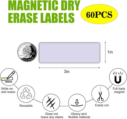 STTMGN Dry Erase Magnetic Labels (1x3,Pack of 60),Write On Magnets Sticker,Real Waterproof/Reusable for Classroom&Office&Cabinet&whiteboard&Fridge&More (Multicolor)