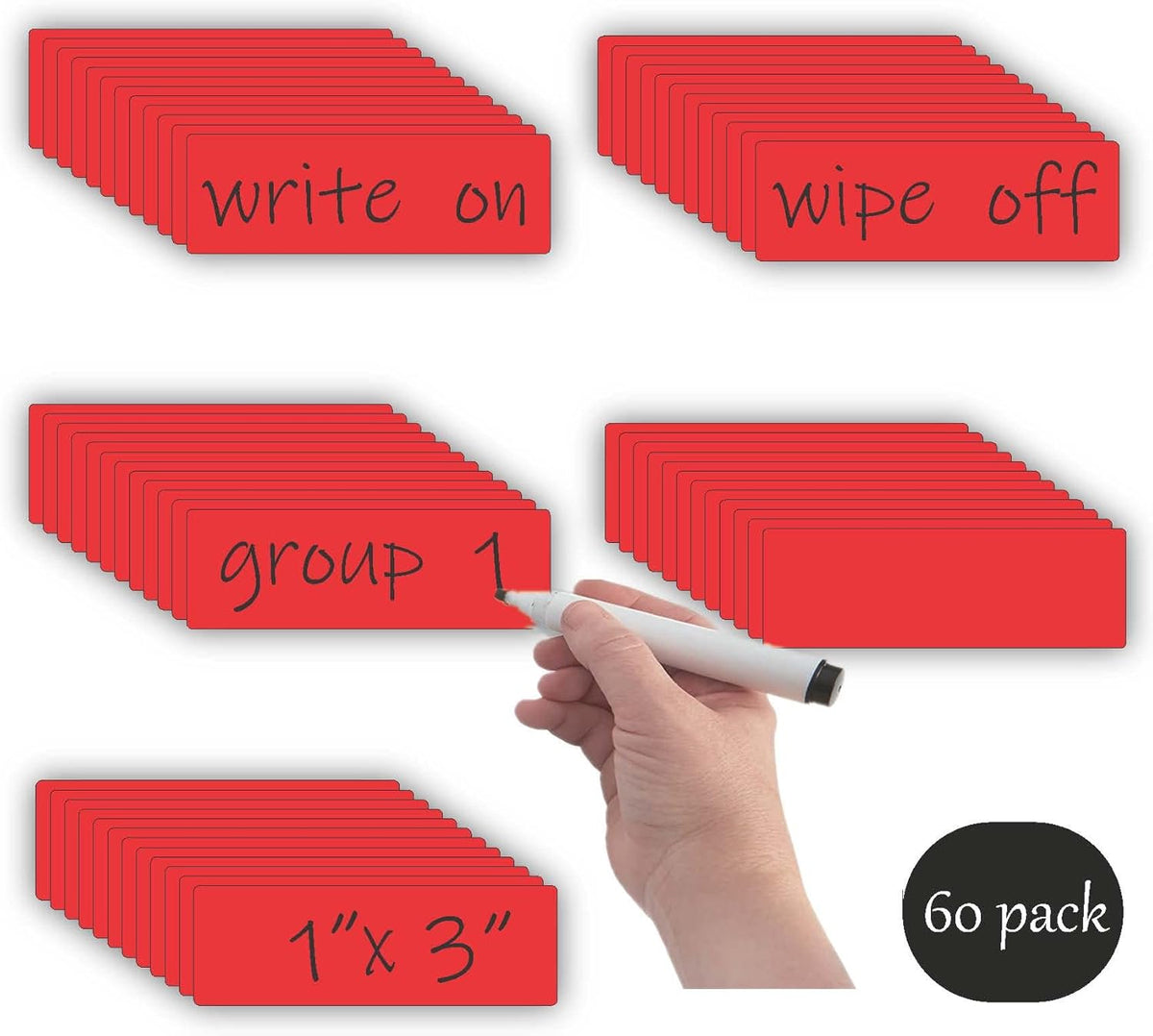 STTMGN Dry Erase Magnetic Labels (1x3,Pack of 60),Write On Magnets Sticker,Real Waterproof/Reusable for Classroom&Office&Cabinet&whiteboard&Fridge&More (Multicolor)