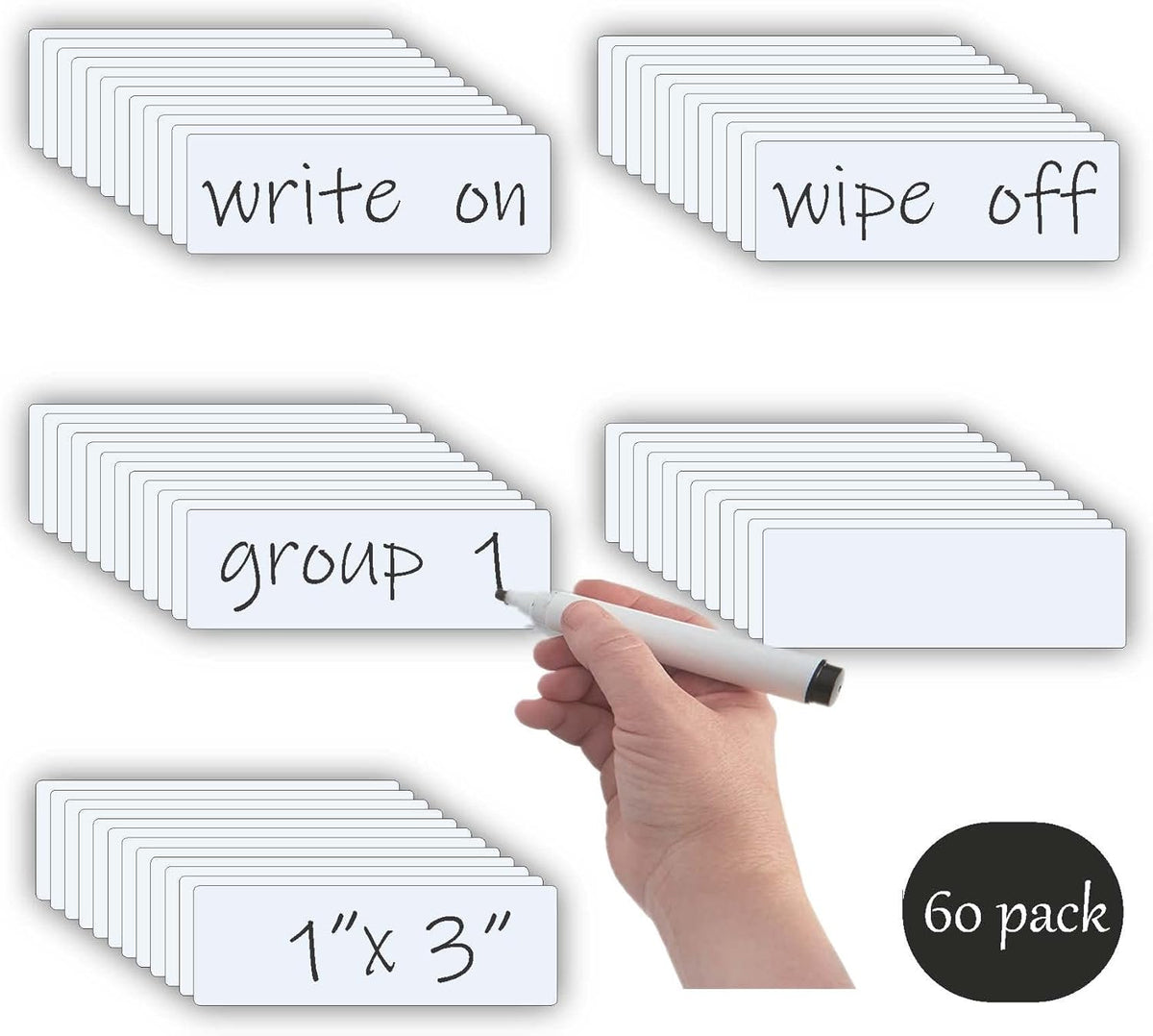 STTMGN Dry Erase Magnetic Labels (1x3,Pack of 60),Write On Magnets Sticker,Real Waterproof/Reusable for Classroom&Office&Cabinet&whiteboard&Fridge&More (Multicolor)
