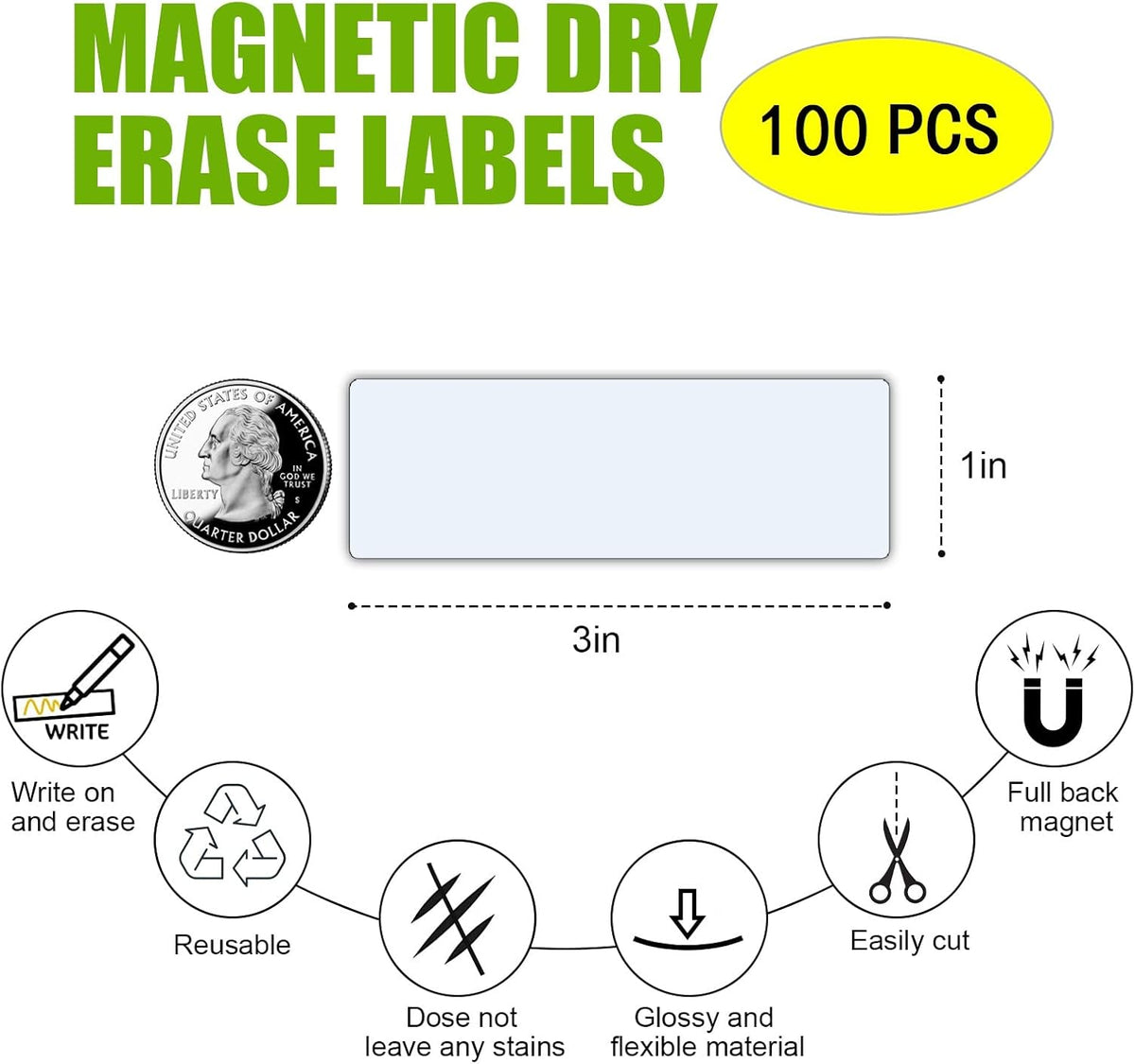 STTMGN Dry Erase Magnetic Labels (1x3,Pack of 60),Write On Magnets Sticker,Real Waterproof/Reusable for Classroom&Office&Cabinet&whiteboard&Fridge&More (Multicolor)