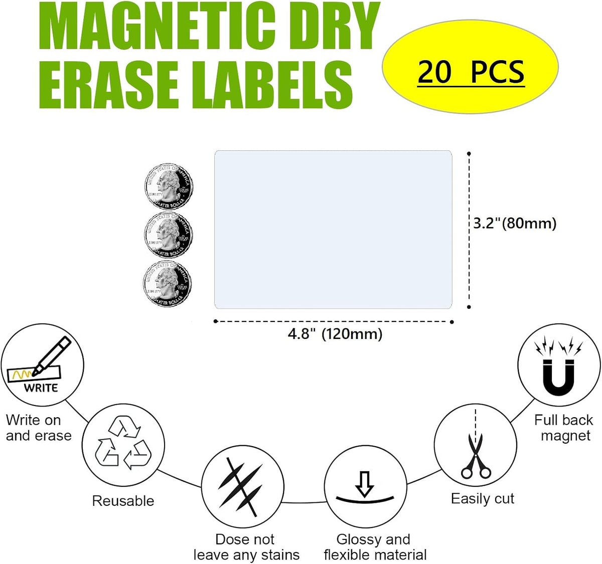 STTMGN Dry Erase Magnetic Labels (1x3,Pack of 60),Write On Magnets Sticker,Real Waterproof/Reusable for Classroom&Office&Cabinet&whiteboard&Fridge&More (Multicolor)