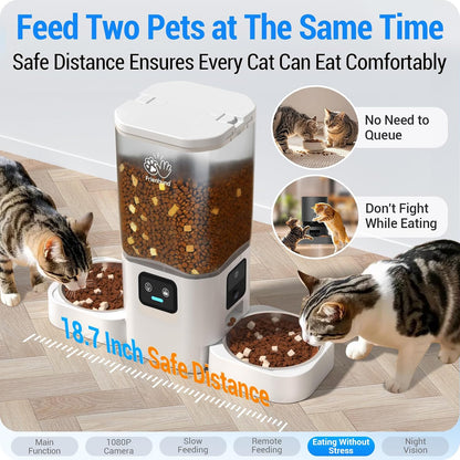 Automatic Cat Feeder with Two 1080P Camera for 2 Cats: 7L Automatic Dog Feeder with Night Vision & Slow Feed, 5G WiFi Auto Cat Food Dispenser for Multiple Pet,Detachable for Clean(ACF180W-C)