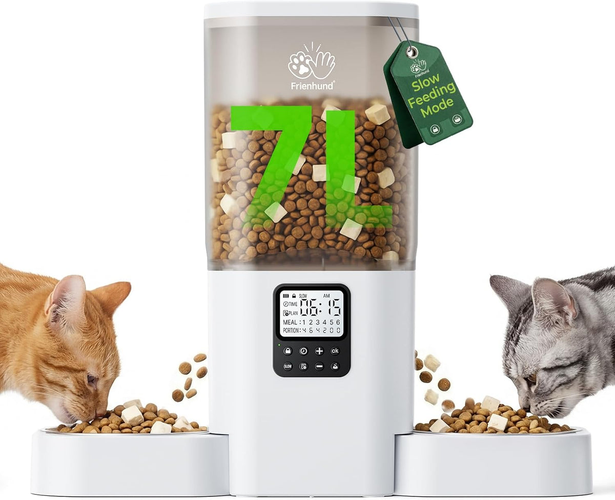 Automatic Cat Feeder with Two 1080P Camera for 2 Cats: 7L Automatic Dog Feeder with Night Vision & Slow Feed, 5G WiFi Auto Cat Food Dispenser for Multiple Pet,Detachable for Clean(ACF180W-C)