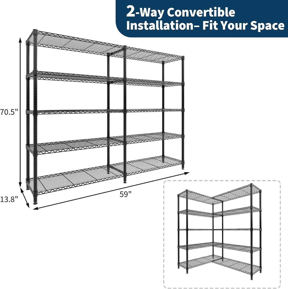 5-Tier Metal Storage Shelves, 60" Wide Wire Shelving Unit, 1325LBS Load Heavy Duty Adjustable Corner Standing Shelf Rack, H/L-Shaped, for Garage. Kitchen, Pantry, Basement,13.8" D x 70.5" H