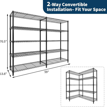 5-Tier Metal Storage Shelves, 60" Wide Wire Shelving Unit, 1325LBS Load Heavy Duty Adjustable Corner Standing Shelf Rack, H/L-Shaped, for Garage. Kitchen, Pantry, Basement,13.8" D x 70.5" H