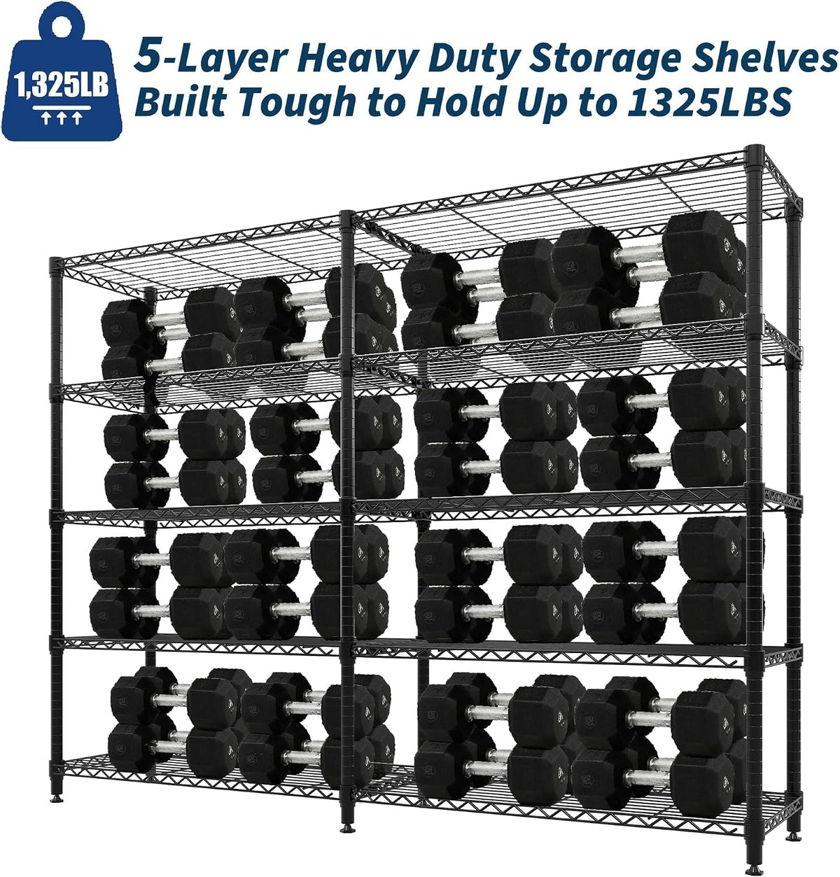 5-Tier Metal Storage Shelves, 60" Wide Wire Shelving Unit, 1325LBS Load Heavy Duty Adjustable Corner Standing Shelf Rack, H/L-Shaped, for Garage. Kitchen, Pantry, Basement,13.8" D x 70.5" H