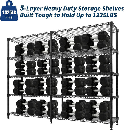 5-Tier Metal Storage Shelves, 60" Wide Wire Shelving Unit, 1325LBS Load Heavy Duty Adjustable Corner Standing Shelf Rack, H/L-Shaped, for Garage. Kitchen, Pantry, Basement,13.8" D x 70.5" H