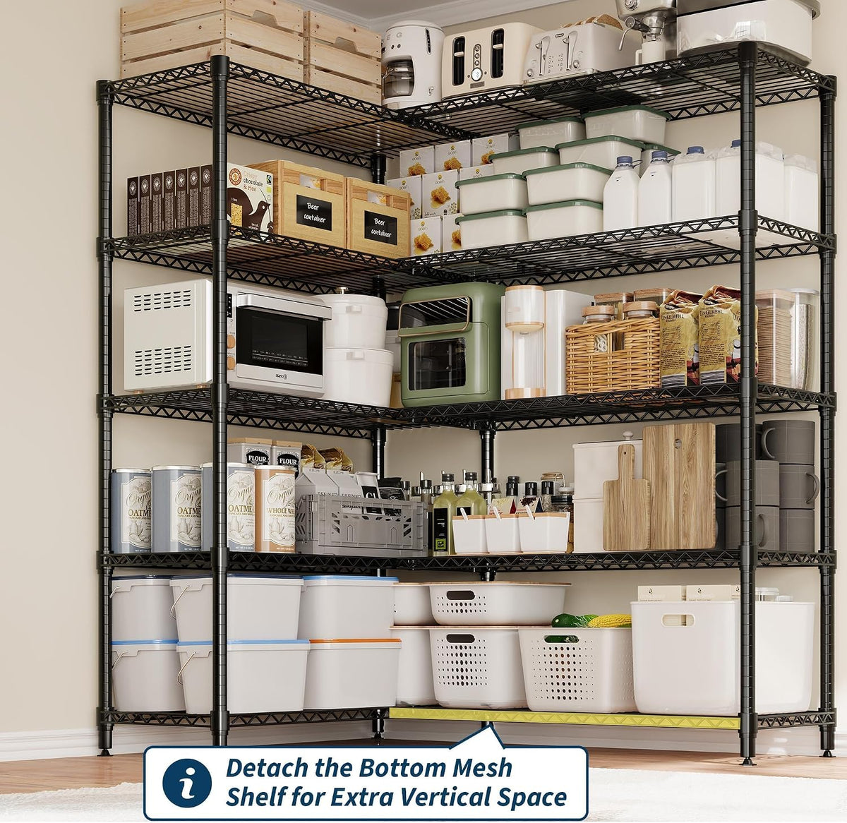 5-Tier Metal Storage Shelves, 60" Wide Wire Shelving Unit, 1325LBS Load Heavy Duty Adjustable Corner Standing Shelf Rack, H/L-Shaped, for Garage. Kitchen, Pantry, Basement,13.8" D x 70.5" H