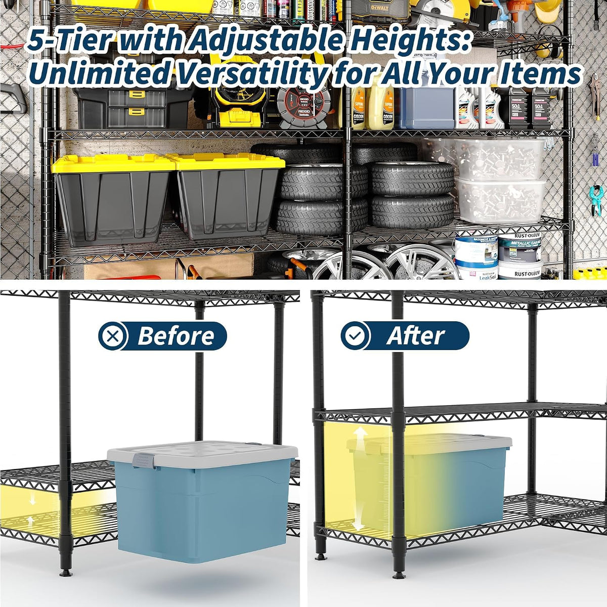 5-Tier Metal Storage Shelves, 60" Wide Wire Shelving Unit, 1325LBS Load Heavy Duty Adjustable Corner Standing Shelf Rack, H/L-Shaped, for Garage. Kitchen, Pantry, Basement,13.8" D x 70.5" H