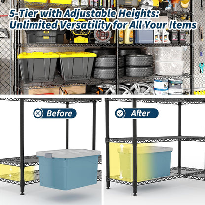 5-Tier Metal Storage Shelves, 60" Wide Wire Shelving Unit, 1325LBS Load Heavy Duty Adjustable Corner Standing Shelf Rack, H/L-Shaped, for Garage. Kitchen, Pantry, Basement,13.8" D x 70.5" H