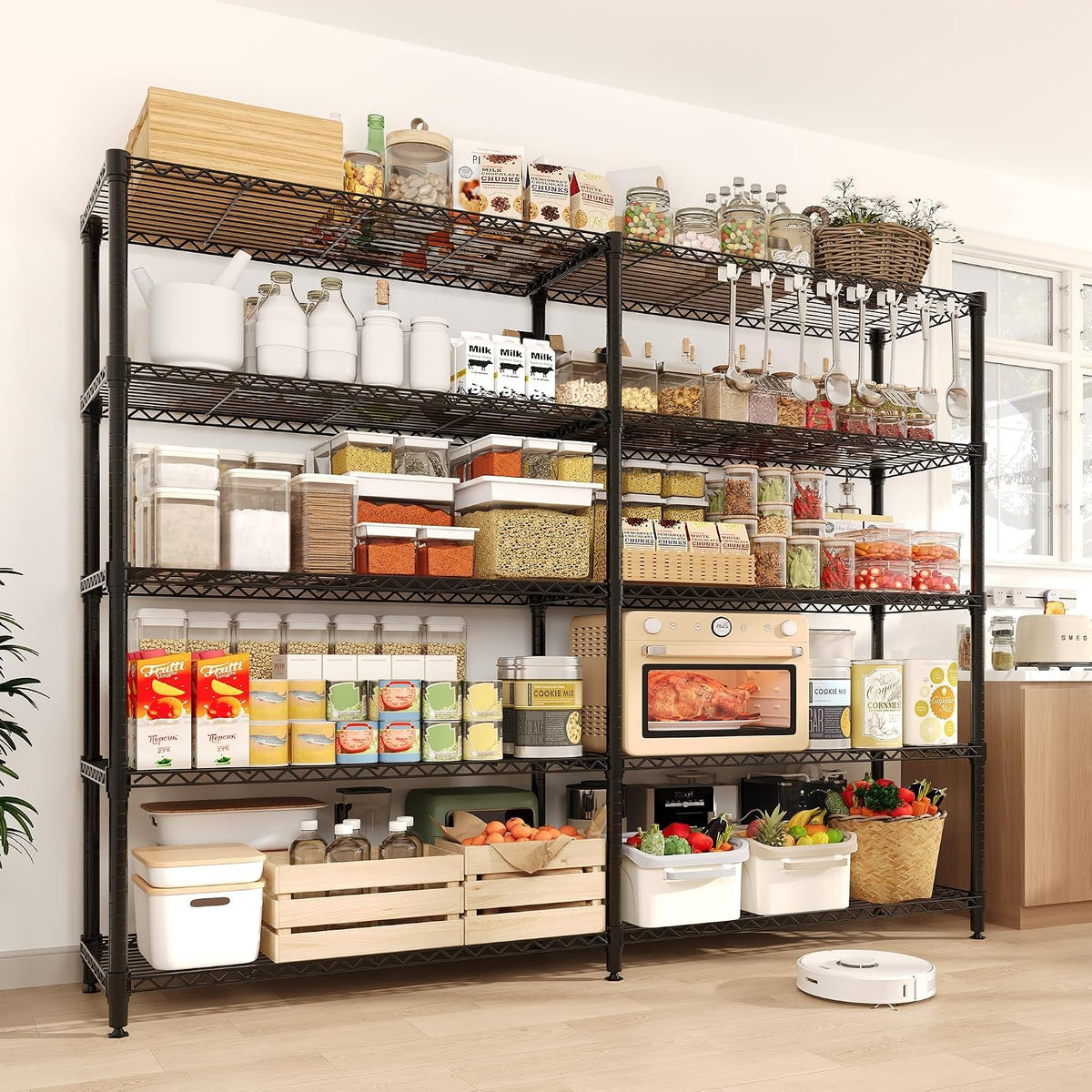 5-Tier Metal Storage Shelves, 60" Wide Wire Shelving Unit, 1325LBS Load Heavy Duty Adjustable Corner Standing Shelf Rack, H/L-Shaped, for Garage. Kitchen, Pantry, Basement,13.8" D x 70.5" H