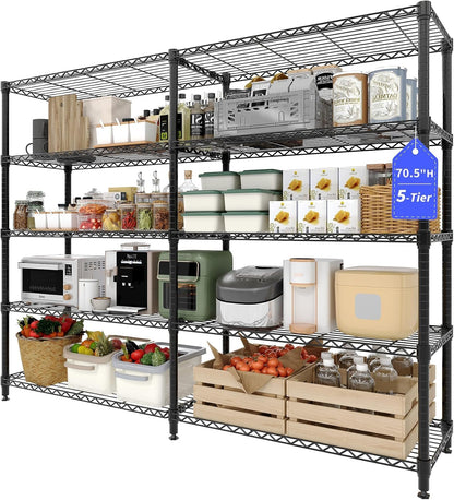 5-Tier Metal Storage Shelves, 60" Wide Wire Shelving Unit, 1325LBS Load Heavy Duty Adjustable Corner Standing Shelf Rack, H/L-Shaped, for Garage. Kitchen, Pantry, Basement,13.8" D x 70.5" H
