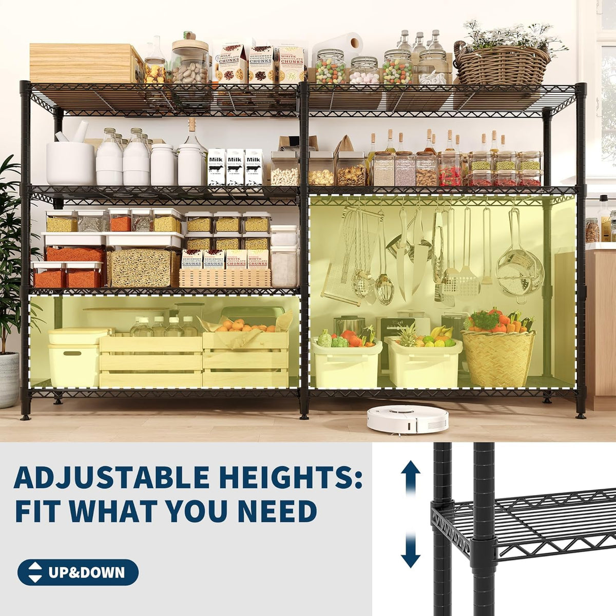 5-Tier Metal Storage Shelves, 60" Wide Wire Shelving Unit, 1325LBS Load Heavy Duty Adjustable Corner Standing Shelf Rack, H/L-Shaped, for Garage. Kitchen, Pantry, Basement,13.8" D x 70.5" H