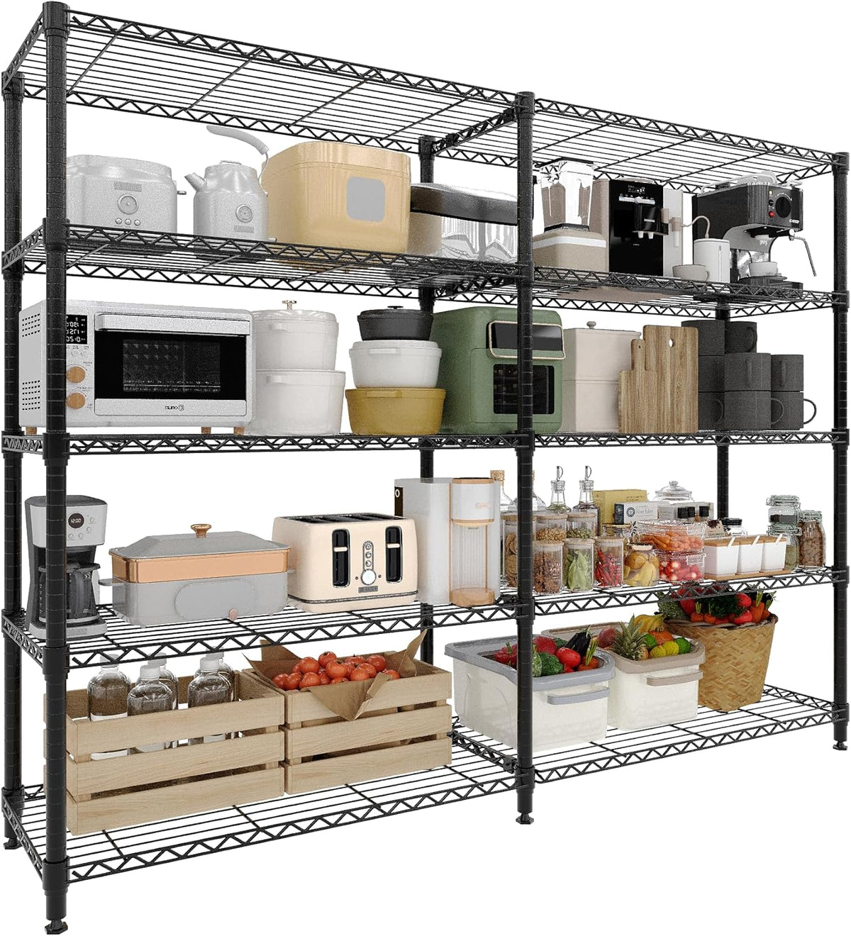 5-Tier Metal Storage Shelves, 60" Wide Wire Shelving Unit, 1325LBS Load Heavy Duty Adjustable Corner Standing Shelf Rack, H/L-Shaped, for Garage. Kitchen, Pantry, Basement,13.8" D x 70.5" H