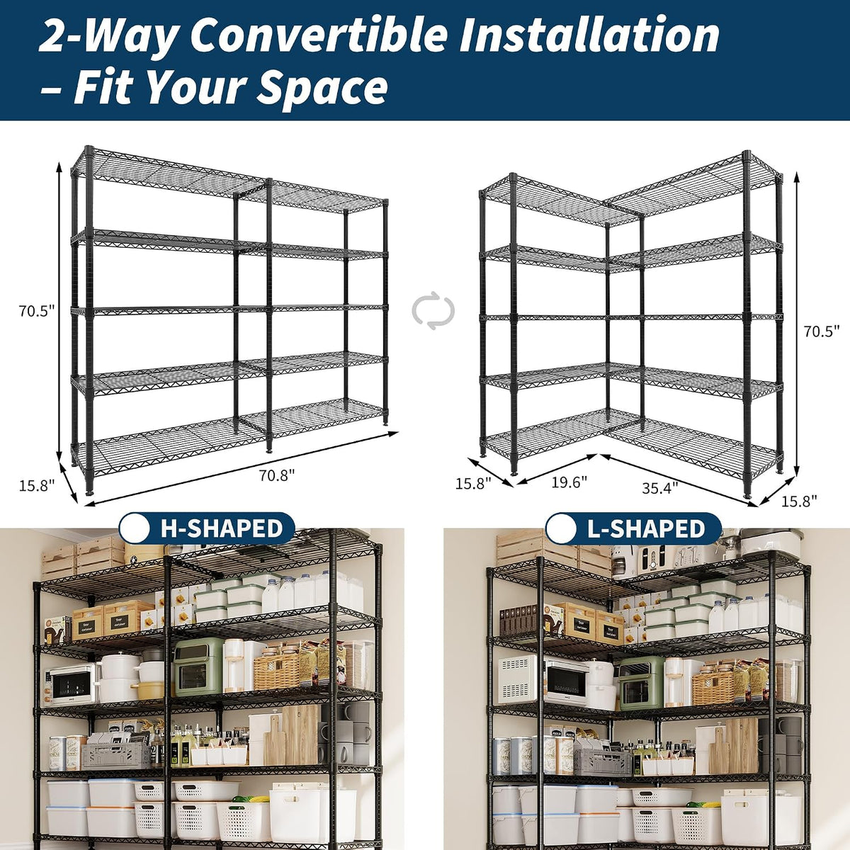 5-Tier Metal Storage Shelves, 60" Wide Wire Shelving Unit, 1325LBS Load Heavy Duty Adjustable Corner Standing Shelf Rack, H/L-Shaped, for Garage. Kitchen, Pantry, Basement,13.8" D x 70.5" H