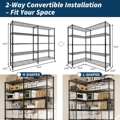 5-Tier Metal Storage Shelves, 60" Wide Wire Shelving Unit, 1325LBS Load Heavy Duty Adjustable Corner Standing Shelf Rack, H/L-Shaped, for Garage. Kitchen, Pantry, Basement,13.8" D x 70.5" H