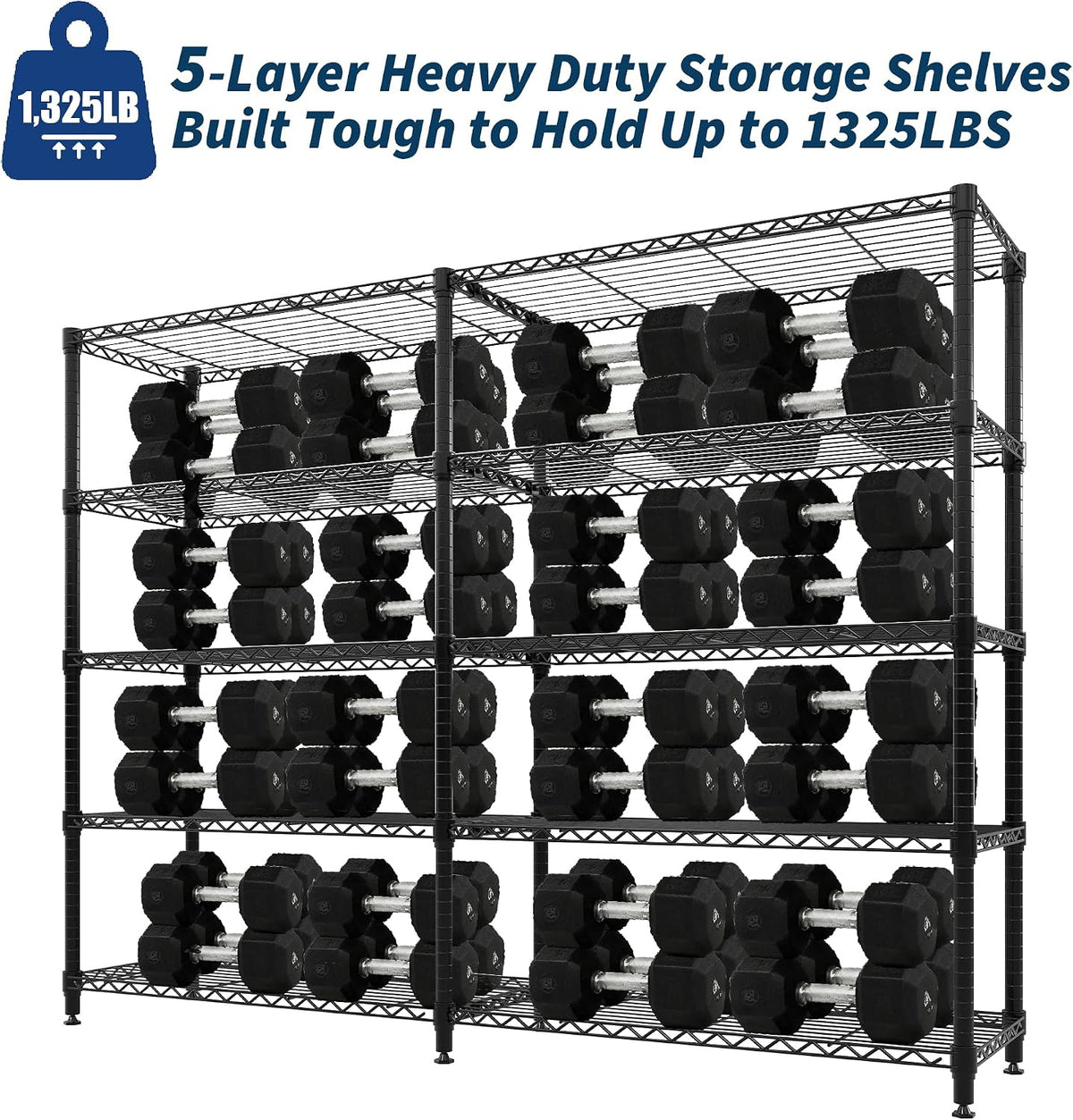 5-Tier Metal Storage Shelves, 60" Wide Wire Shelving Unit, 1325LBS Load Heavy Duty Adjustable Corner Standing Shelf Rack, H/L-Shaped, for Garage. Kitchen, Pantry, Basement,13.8" D x 70.5" H