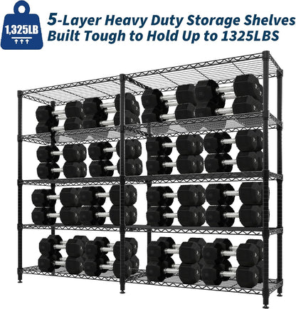 5-Tier Metal Storage Shelves, 60" Wide Wire Shelving Unit, 1325LBS Load Heavy Duty Adjustable Corner Standing Shelf Rack, H/L-Shaped, for Garage. Kitchen, Pantry, Basement,13.8" D x 70.5" H