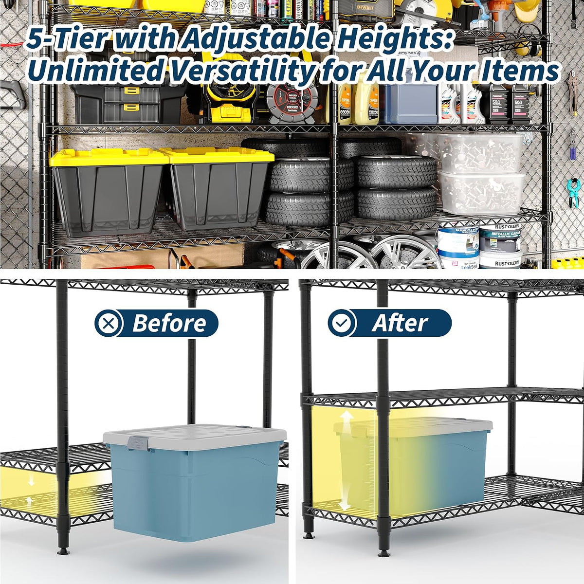 5-Tier Metal Storage Shelves, 60" Wide Wire Shelving Unit, 1325LBS Load Heavy Duty Adjustable Corner Standing Shelf Rack, H/L-Shaped, for Garage. Kitchen, Pantry, Basement,13.8" D x 70.5" H