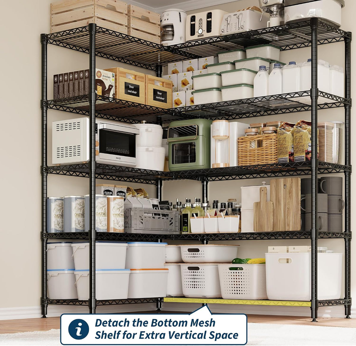 5-Tier Metal Storage Shelves, 60" Wide Wire Shelving Unit, 1325LBS Load Heavy Duty Adjustable Corner Standing Shelf Rack, H/L-Shaped, for Garage. Kitchen, Pantry, Basement,13.8" D x 70.5" H
