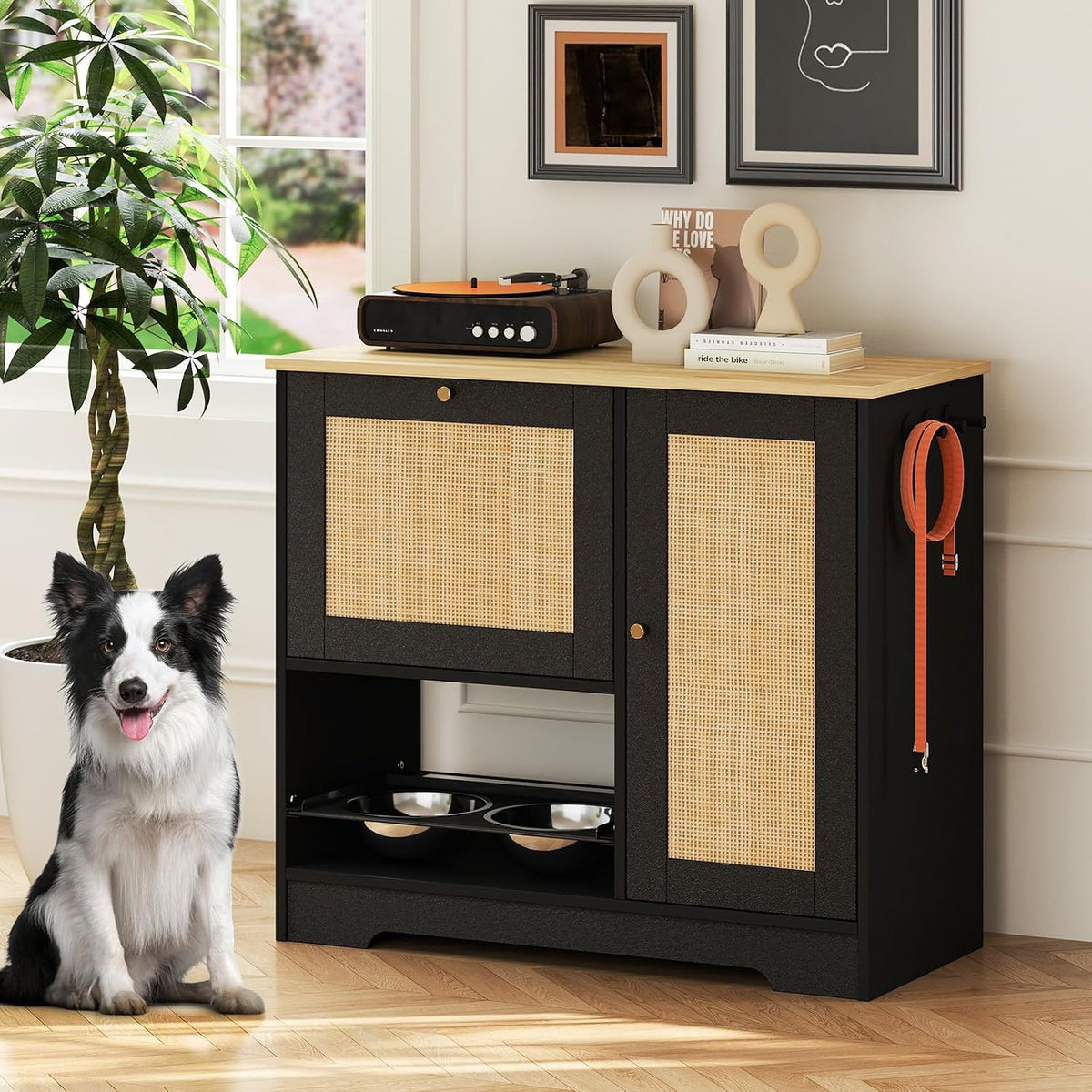 Dog Food Storage Cabinet with 2 Raised Dog Bowls and Storage