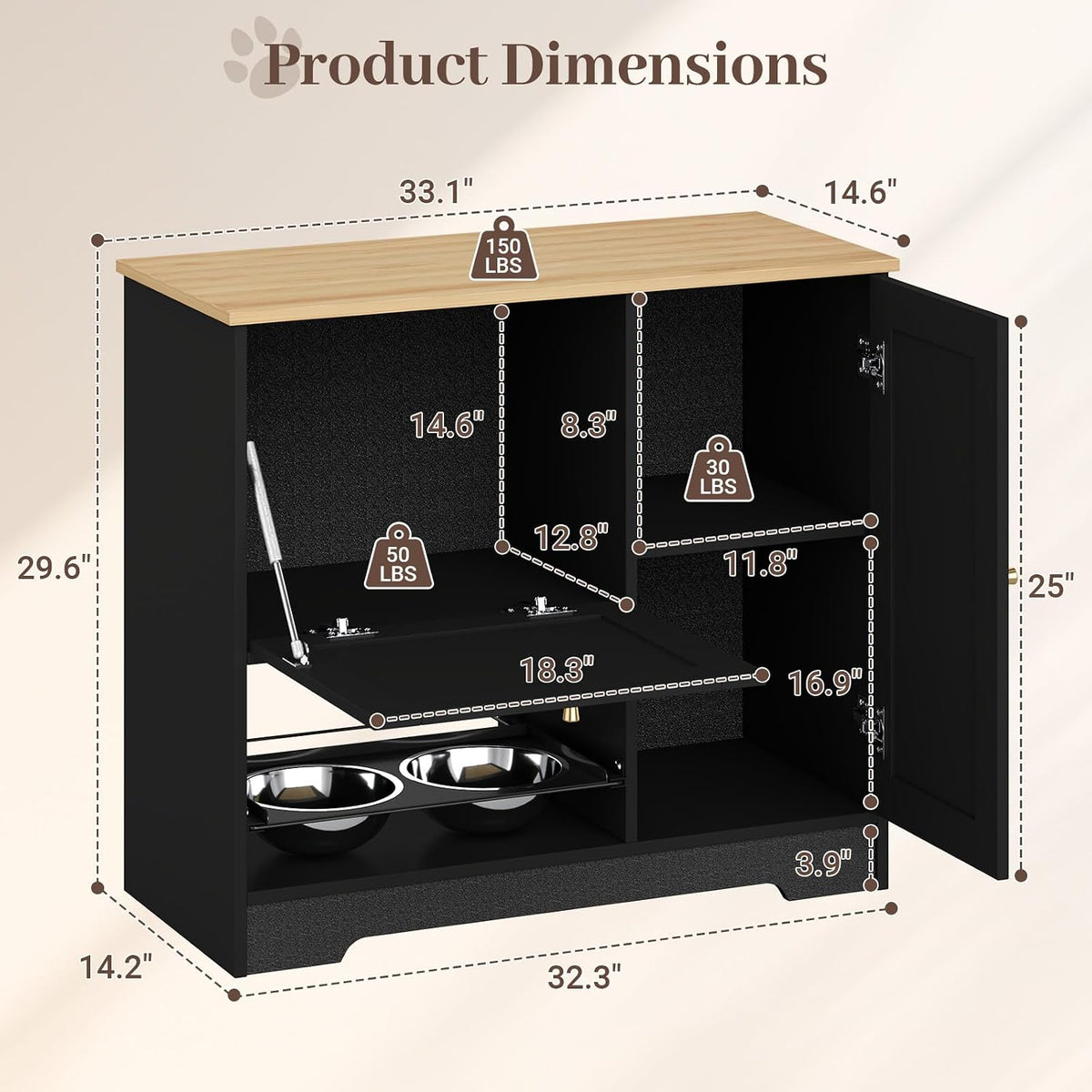 Dog Food Storage Cabinet with 2 Raised Dog Bowls and Storage