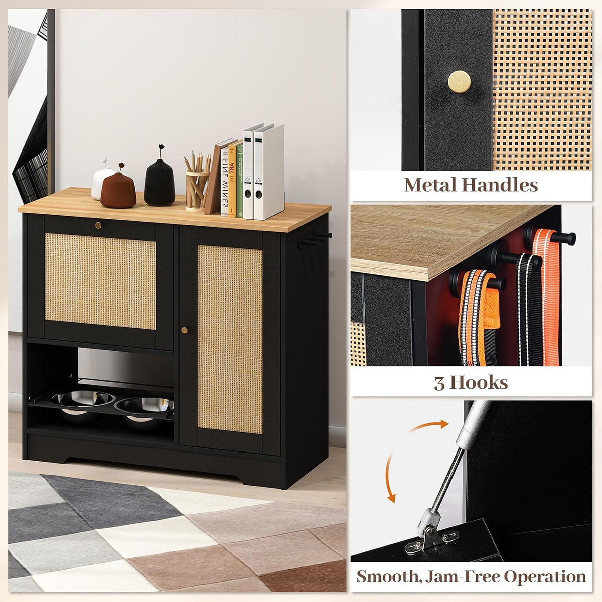 Dog Food Storage Cabinet with 2 Raised Dog Bowls and Storage
