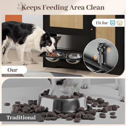 Dog Food Storage Cabinet with 2 Raised Dog Bowls and Storage