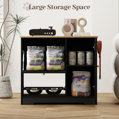 Dog Food Storage Cabinet with 2 Raised Dog Bowls and Storage