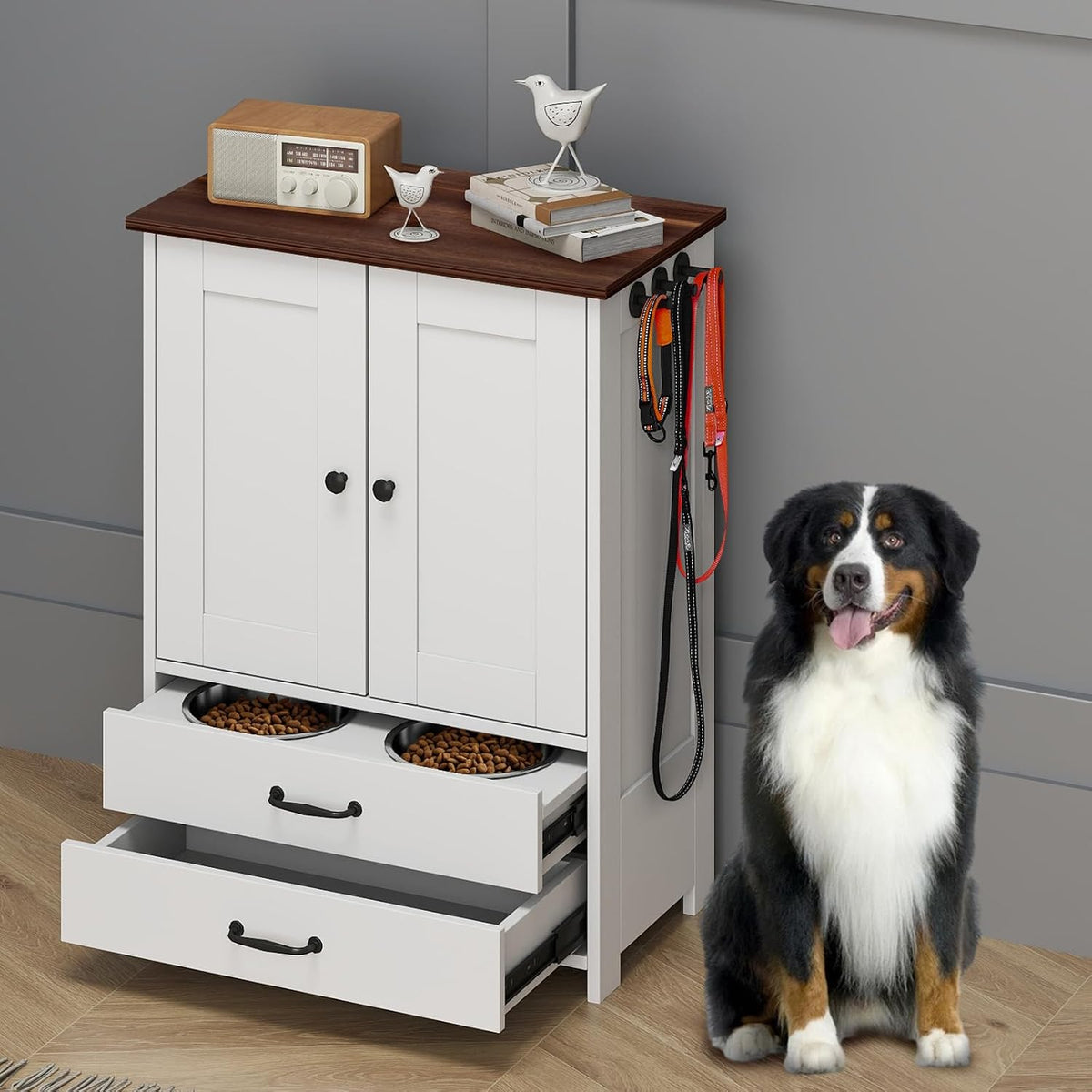 Dog Food Storage Cabinet with 2 Raised Dog Bowls and Storage