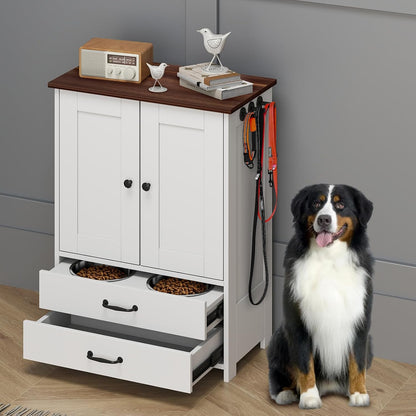 Dog Food Storage Cabinet with 2 Raised Dog Bowls and Storage